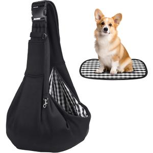 Kanemc Small Dog Sling Carrier Include Bottom Support, Puppies Cat Wrap Carrier Sling Adjustable Strap Zip Pocket, Hands Free Pets Pack for Outdoor Travel Vet (Black)
