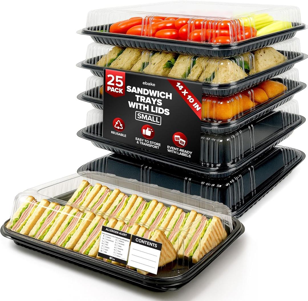 25 Pack Catering Trays with Lids 13" Serving Tray with Lid, Heavy Duty Recyclable Plastic Party Platters for Catering, Buffet, Picnics & Events Food Trays with Clear Lid (13.39 9.84 2.95 inch)
