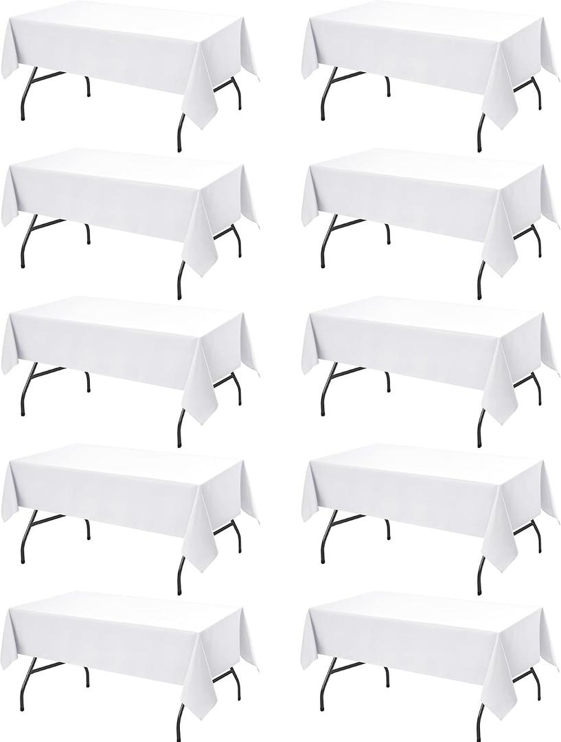 10-Pack White Tablecloths for Rectangle Tables, 60 x 102 Inches, Stain-Resistant Polyester Fabric for 6 Foot Tables - Washable Table Covers for Weddings, Banquets, Birthday, Parties, Events