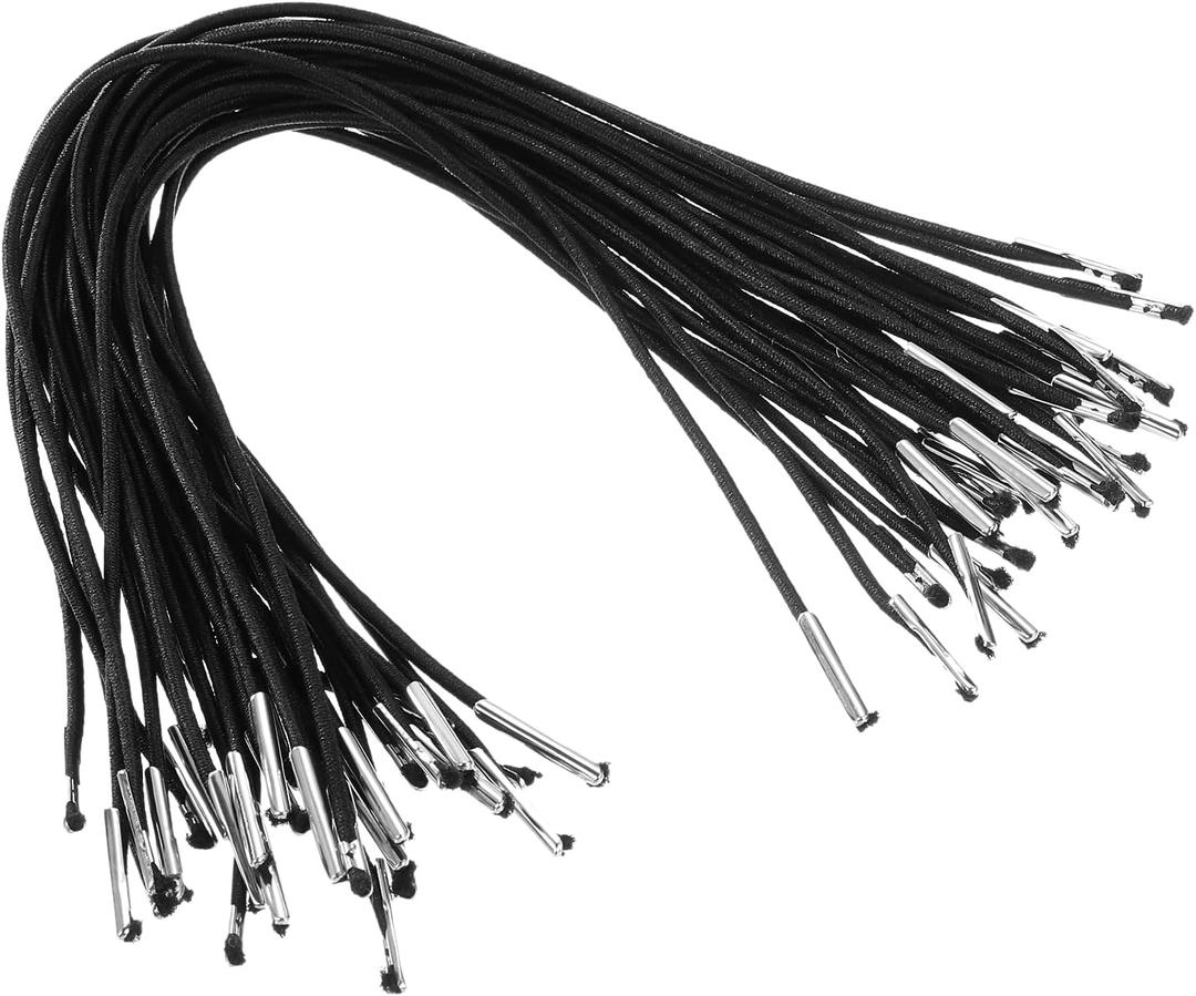 PATIKIL 10 Inch Elastic Barbed Cord, 100 Pcs 1.6mm Loop Stretch Round String with Metal Barb Fasteners for Hats Masks Menus Crafting Book, Black (25cm)