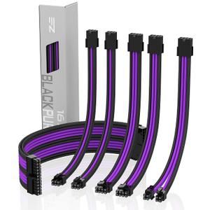 EZDIY-FAB PSU Cable Extension kit Sleeved Cable Custom Power Supply Sleeved Extension 16 AWG 24-PIN 8-PIN 6-PIN 4+4-PIN with Combs- Black/Purple