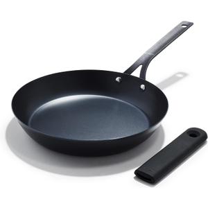 OXO Obsidian Pre-Seasoned Carbon Steel, 10" Frying Pan Skillet with Removable Silicone Handle Holder, Induction, Oven Safe, Black