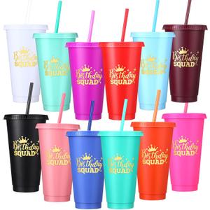 Potchen 12 Pcs Birthday Squad Cups 24 oz Birthday Queen Tumblers Cup for Women Reusable Plastic Cups with Lids and Straws for Women Wedding Galentines Anniversary Decorations Party Supplies Favor