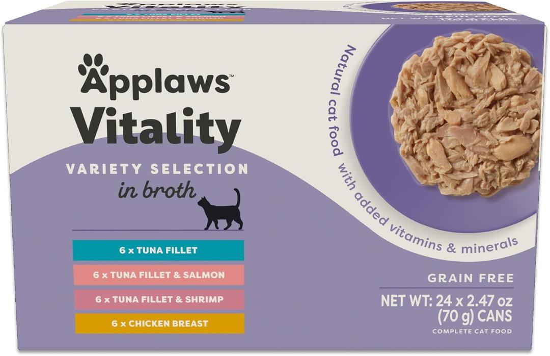 Applaws Vitality Wet Cat Food in Broth, Natural Cat Food with Added Vitamins & Minerals, Grain-Free, Carrageenan Free, Variety Selection in Broth (24 Count, 2.47 oz Cans) (EXP 11/01/27)