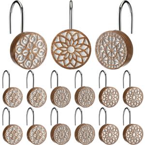 BreezeHug 12pcs Boho Shower Curtain Hooks Decorative Shower Curtain Hangers for Bathroom Rod Resin Round Rings with Brown Floral Pattern, Waterproof