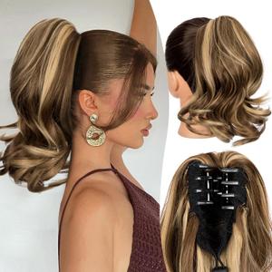 12Inch Ponytail Extension, Wavy Pony Tails Hair Extensions, Claw Clip in Ponytail Extension, Synthetic Hair Extensions Ponytail for Women - Chestnut Brown With Golden Highlights24 12Inch Ponytail Extension, Wavy Pony Tails Hair Extensions, Claw Clip in Ponytail Extension, Synthetic Hair Extensions Ponytail for Women - Chestnut Brown With Golden Highlights24
