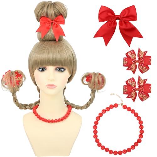 AMZCOS Christmas Costume Wig for Adult Women Blonde Braided Synthetic Wig with Red Bow Hair Clip and Necklace for Halloween Christmas Celebration Party