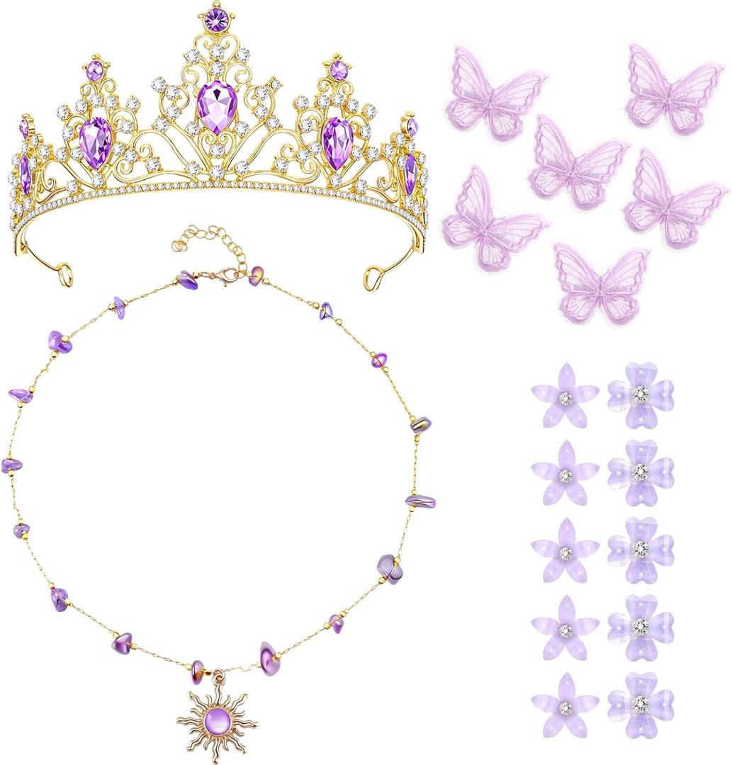 Preboun Princess Costume Accessories for Women Purple Crystal Tiara Sun Necklace Hairpin for Halloween Cosplay Birthday Party