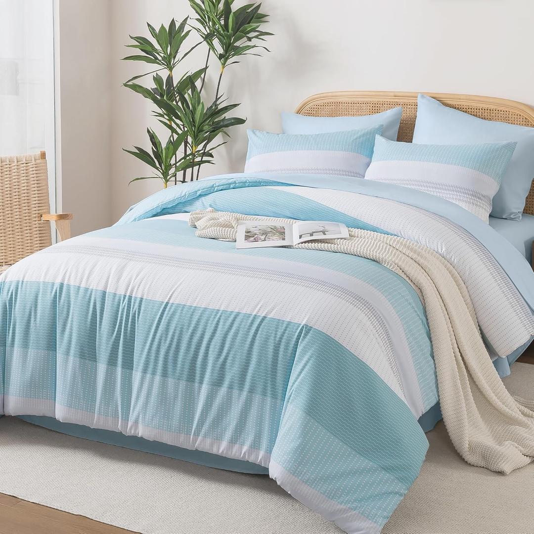 Andency Full Size Comforter Set Light Blue - 7 Pieces Striped Lightweight Bed in a Bag, Soft Microfiber Reversible Bedding Set with Comforter, Fitted & Flat Sheet, Pillowcases & Shams