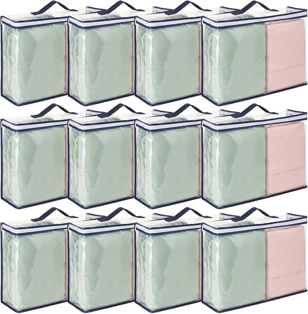 12 Pack Clear Storage Bags,with Zipper 12L Plastic Blankets Storage Bags Waterproof Dustproof Foldable Under Bed Sheet Moving box Closet Organizers for Beddin,Clothing,Duvet,Comforter 15.7x11.8x4Inch