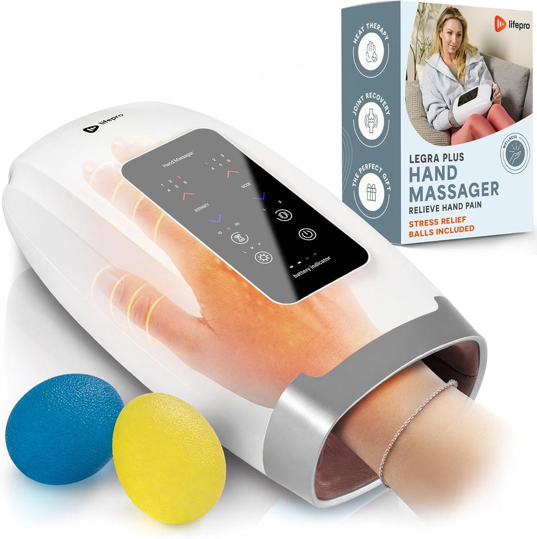 LifePro Legra Plus Hand Massager with Heat and Compression - Finger, Wrist, and Palm Massager with 5 Modes - Pressure Point Therapy for Sensitive Hands, Relaxation, and Comfort