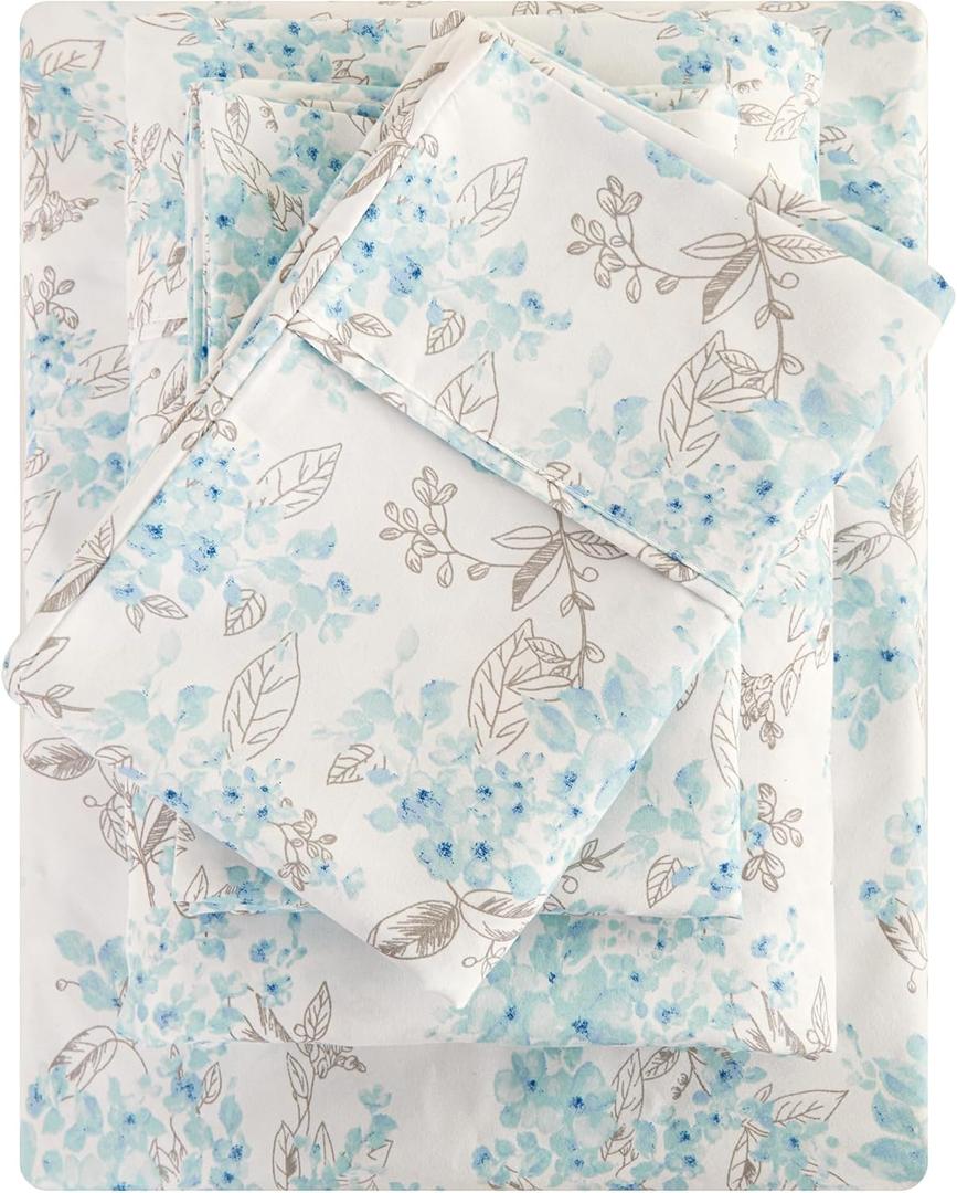 Viviland Floral Full Sheet Set 4 Pieces Light Blue Flower Bed Sheet Soft Breathable Brushed Microfiber Bedding Sheets & Pillowcases Wrinkle Free Fitted Sheets with 15" Deep Pocket for Full Size