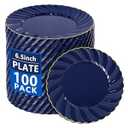 YOUBET 100 Pack Blue Scalloped Plastic Plates - 6.5 Inch Navy Blue Disposable Plates - High End Elegant Vintage Dessert Plate for Party & Weeding & Birthday