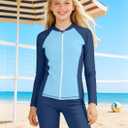 CrabQueen Girls Rash Guard Swimsuit 2 Piece Bathing Suit Long Sleeve Swimsuits UPF 50+ Sun Protection Girls' Swimwear 13-14Y (Blue)