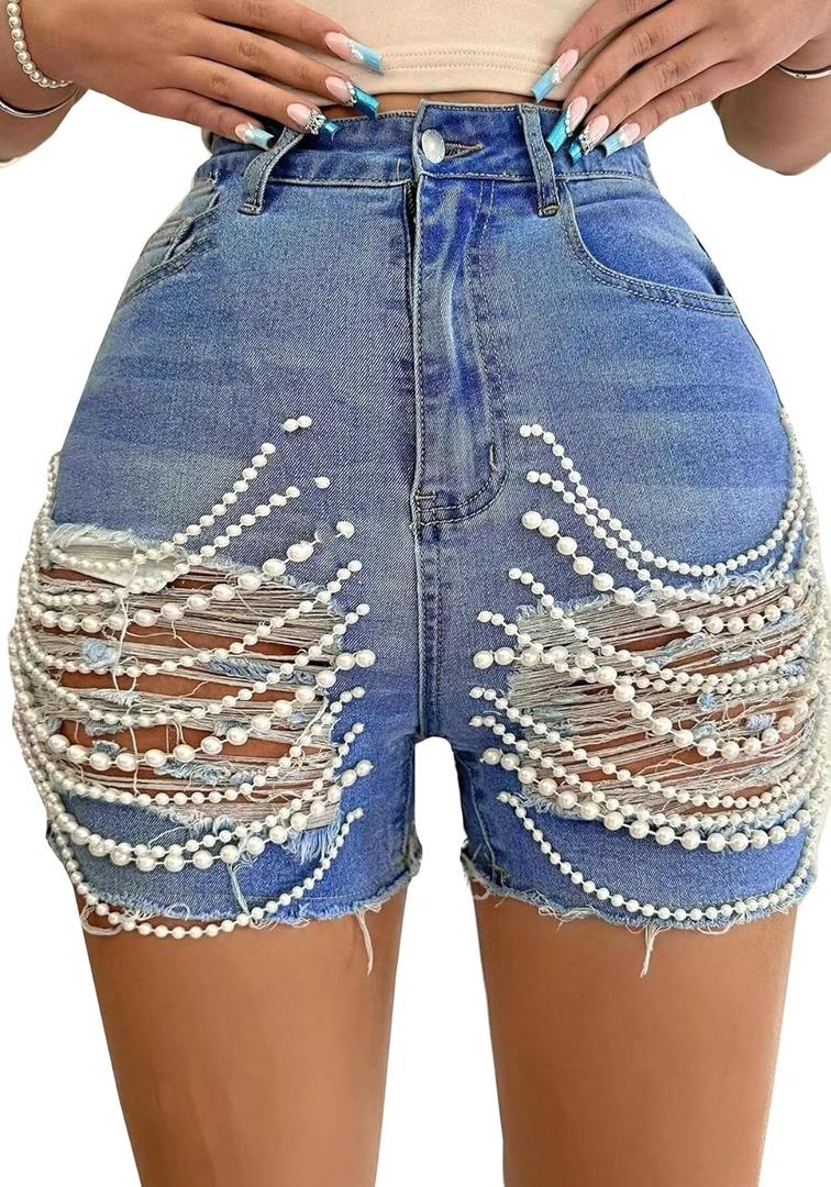 Women's Pearls Chain Denim Shorts Ripped Distressed Jean Shorts with Pockets (XX-Large)