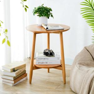 Side Table, Small Round End Table with 2-Tier Shelf, Solid Wood Nightstand for Living Room Bedroom, Mid Century Modern Accent Table for Small Spaces, Natural 19.49" D x 24.02" H
