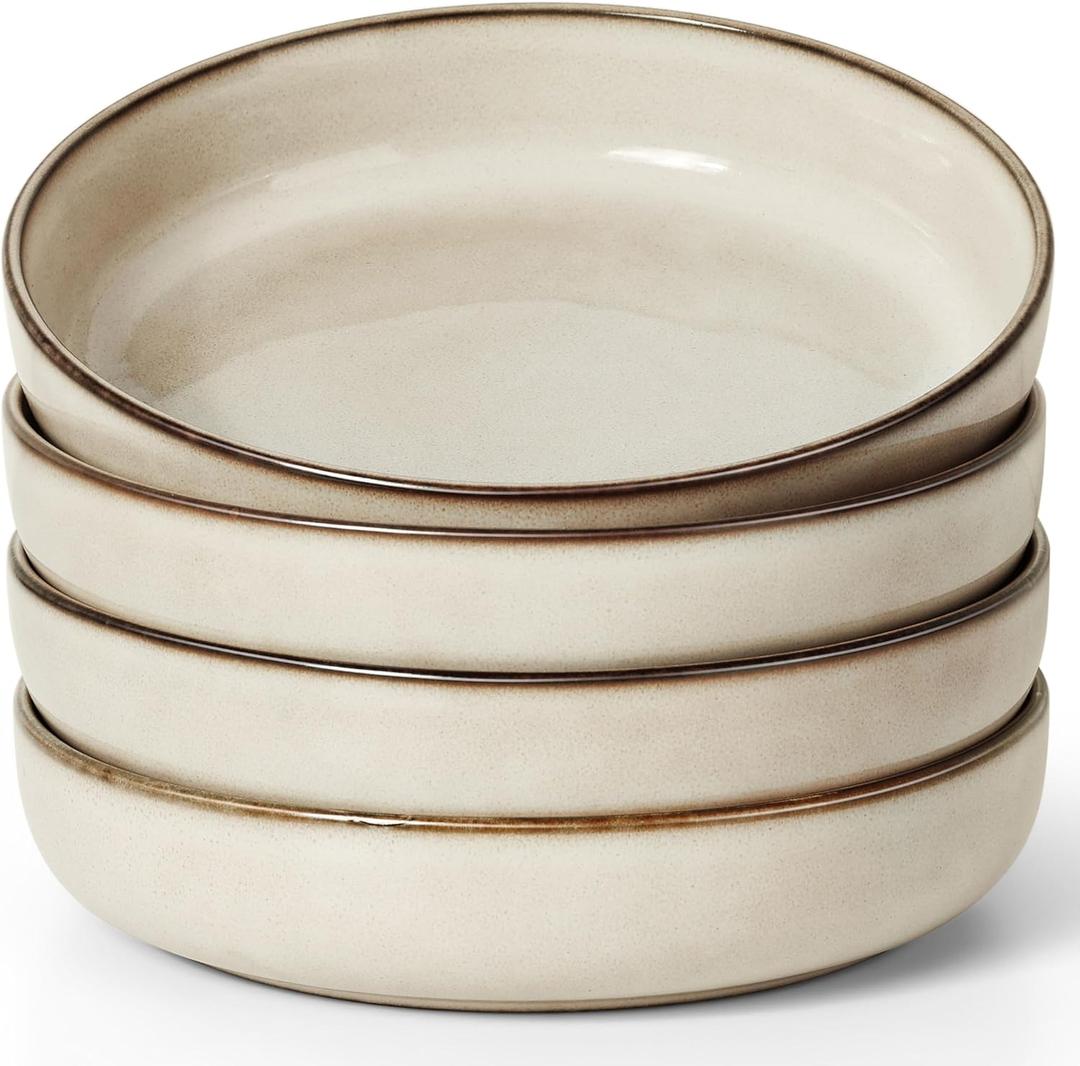 Herogo Pasta Plates and Bowls Sets of 4, Stoneware Large Wide Shallow 37oz Salad Soup Cereal Serving Bowls for Kitchen Dinner, Microwave & Dishwasher Safe, Cream Khaki