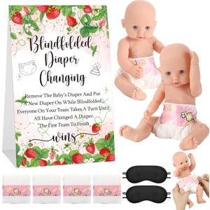 9 Pcs Baby Shower Game Supplies for Blindfold Diaper Changing Baby Dolls with Blindfolds Diapers Baby Changing Diaper Race Game Set for Baby Shower(Strawberry,Red)