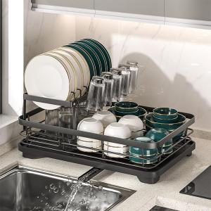 2-Tier Large Dish Drying Rack, Black Kitchen Counter Organizer with Detachable Design, Utensil Holder, Drainer for Plates, Bowls and Glassware