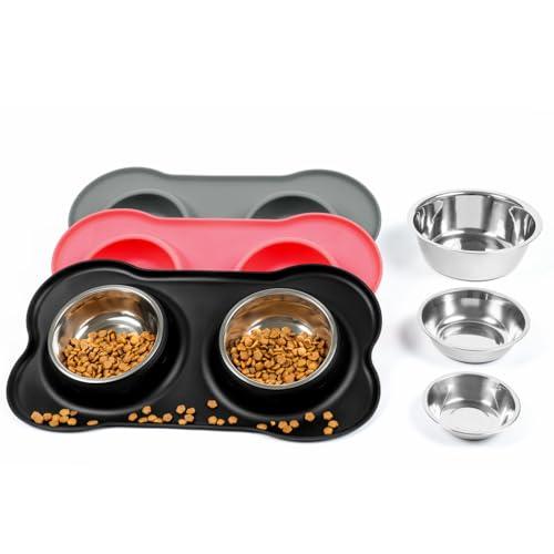 Conlun Dog Bowls with Silicone Feeding Mat, No Spill Food Water Dish Set, Dishwasher Safe, 2 Stainless Steel Puppy Bowls, Suitable for Tiny Dogs Kittens Cats Rabbits Pets under 8lbs, Extra Small,Black
