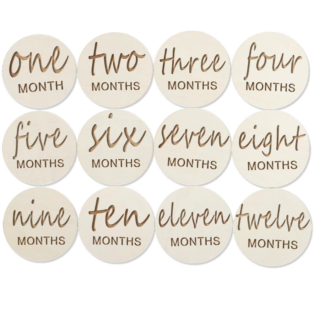 12pcs Wooden Baby Monthly Milestone Cards,Pregnancy and Baby Growth Monthly Milestone Wood Discs,Milestone for Baby Boy,Months Signs Milestone for Baby Girl,Fathers Day Gift (multicolored)