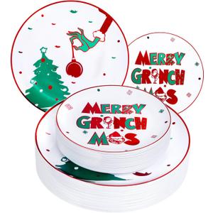 WELLIFE 60pcs Christmas Plates-30 Plastic Green Monster Dinner Plates and 30 Green Monster Dessert Plates,Red and green Plastic Plates with Christmas Tree Patterns for Christmas Party