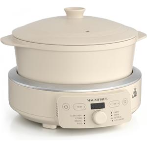 MAGNIFIQUE Slow Cooker, 4.5 Quart 8-in-1 Clay Pot Multi-Cooker, Non-Toxic Slow Cooker with Removable Clay Pot, for Rice, Pasta, Steam & Proof, Nonstick, Oven Safe Pot to 500F, Oatmeal