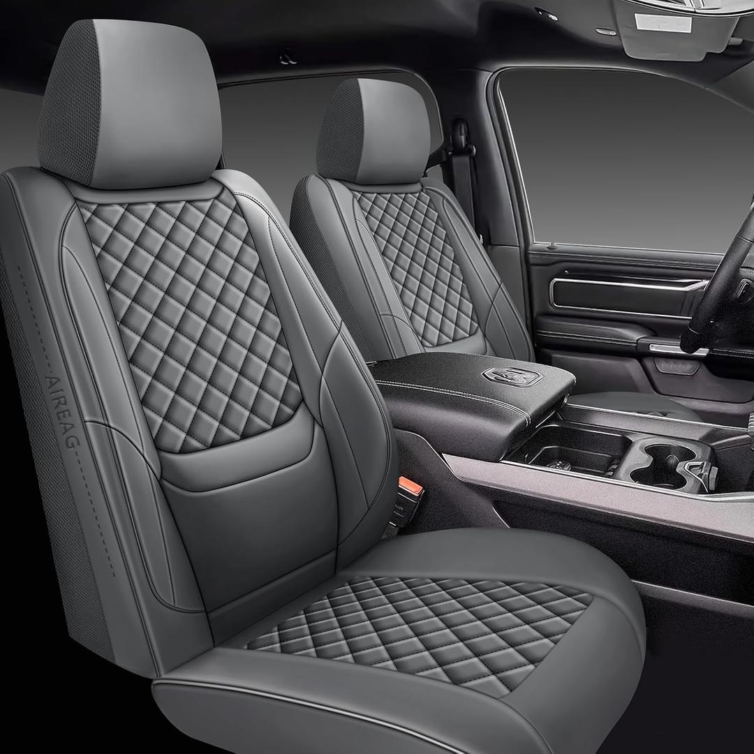 Ram 1500 Seat Covers 2019-2026 Full Set, Truck Interior Sets with Lumbar Support Custom Fit for Dodge Ram 1500/2500/3500 Crew/Mega Cab with Rear Flat Bench, Gray