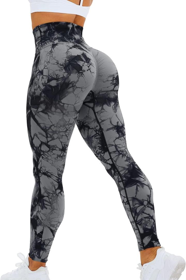 HIGORUN Tie Dye Workout Seamless Leggings for Women High Waist Gym Leggings Yoga Pants (XX-Large, #1 Black)