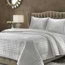 Tribeca Living Luxury Velvet Quilt Set Queen Bedding Set, 260 GSM Soft Velvet Oversized Comforter Set, Florence Box Stitch Premium Bedspread Coverlet for All Season, with 2 Pillow Shams, Silver Grey