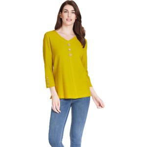 MULTIPLES 5-Button 3 Quarters Sleeve V-Neck 3-Button Front Top, Citron, XS