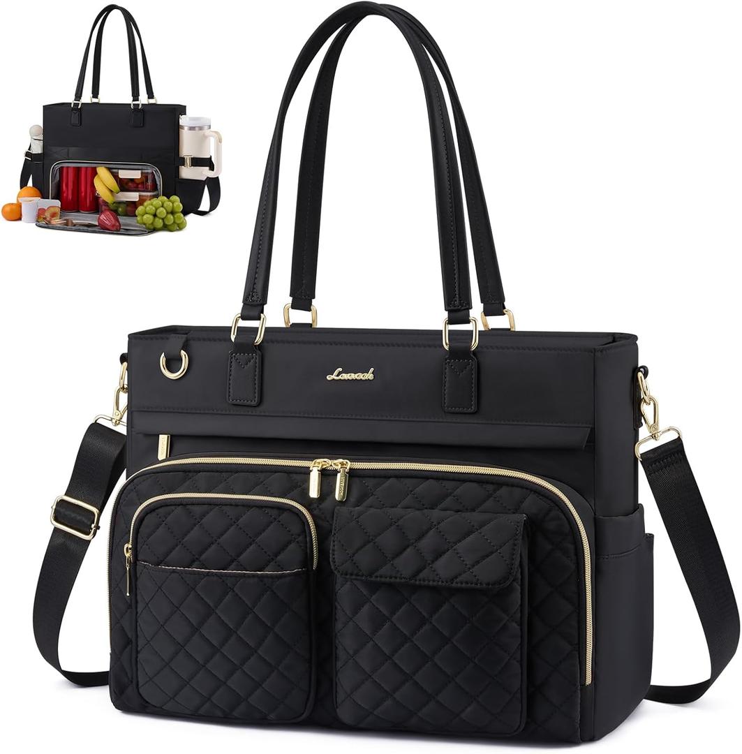 LOVEVOOK Insulated Lunch Tote Bag for Women, Work Bag for Women with Cup Holder, Large Capacity Teacher Bag with Laptop Compartment, Water Resistant Nurse Tote for Travel, College, 17.3 Inch Black