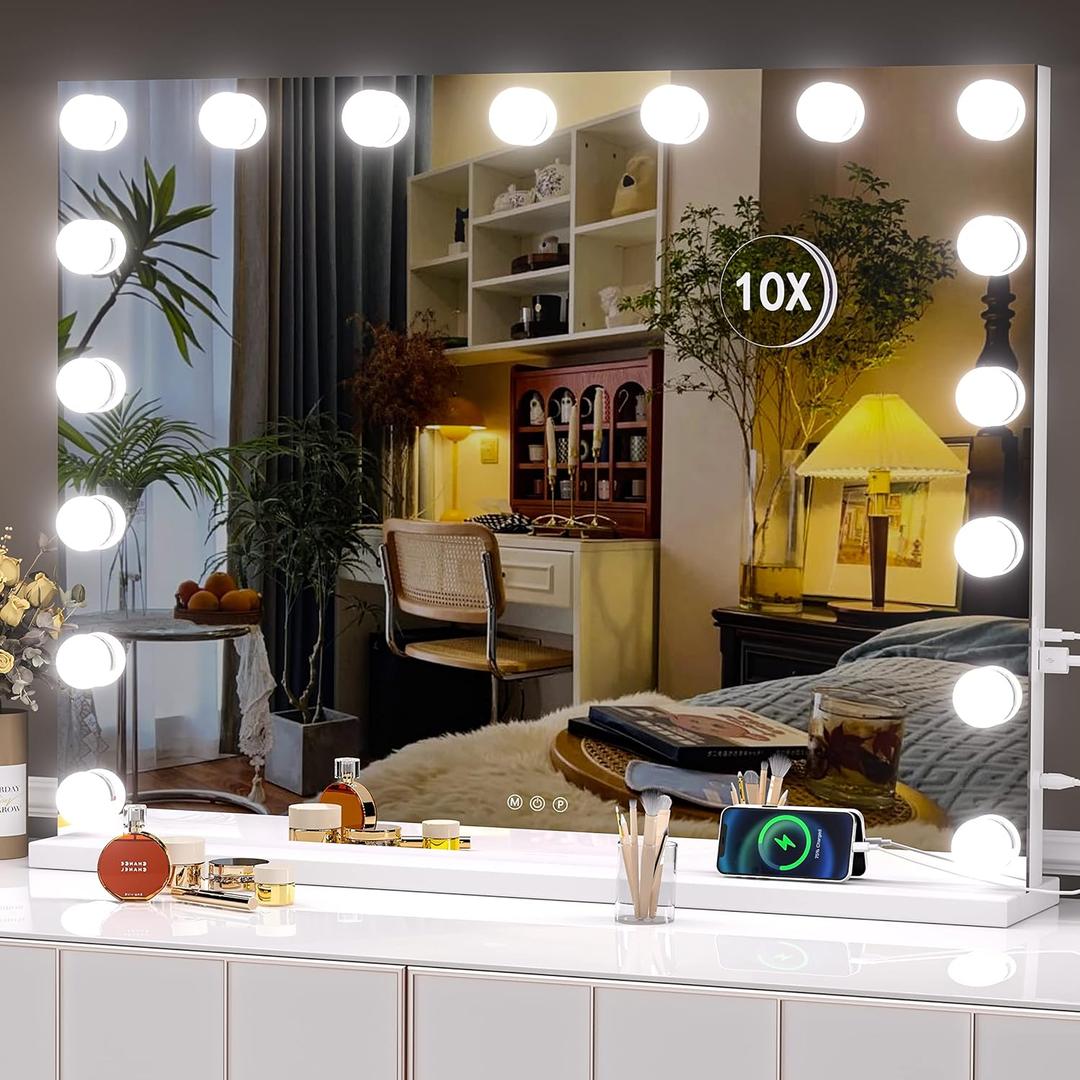 Hasipu 32" x24 Hollywood Vanity Mirror with Lights - Makeup Mirror with 17 Dimmable LED Bulbs, 10X Magnification, Touch Control, USB & Type-C Charging Port (Square White)