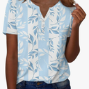 Women's Fashion Summer Button V-Neck Bohemia Floral Printed T-Shirt Spring Short Sleeve Loose Basic Top M size