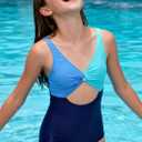 Funnycokid Girls One Piece Swimsuit Color Block Teen Bathing Suit with Pad Cover Up Skirt(7-16Y)