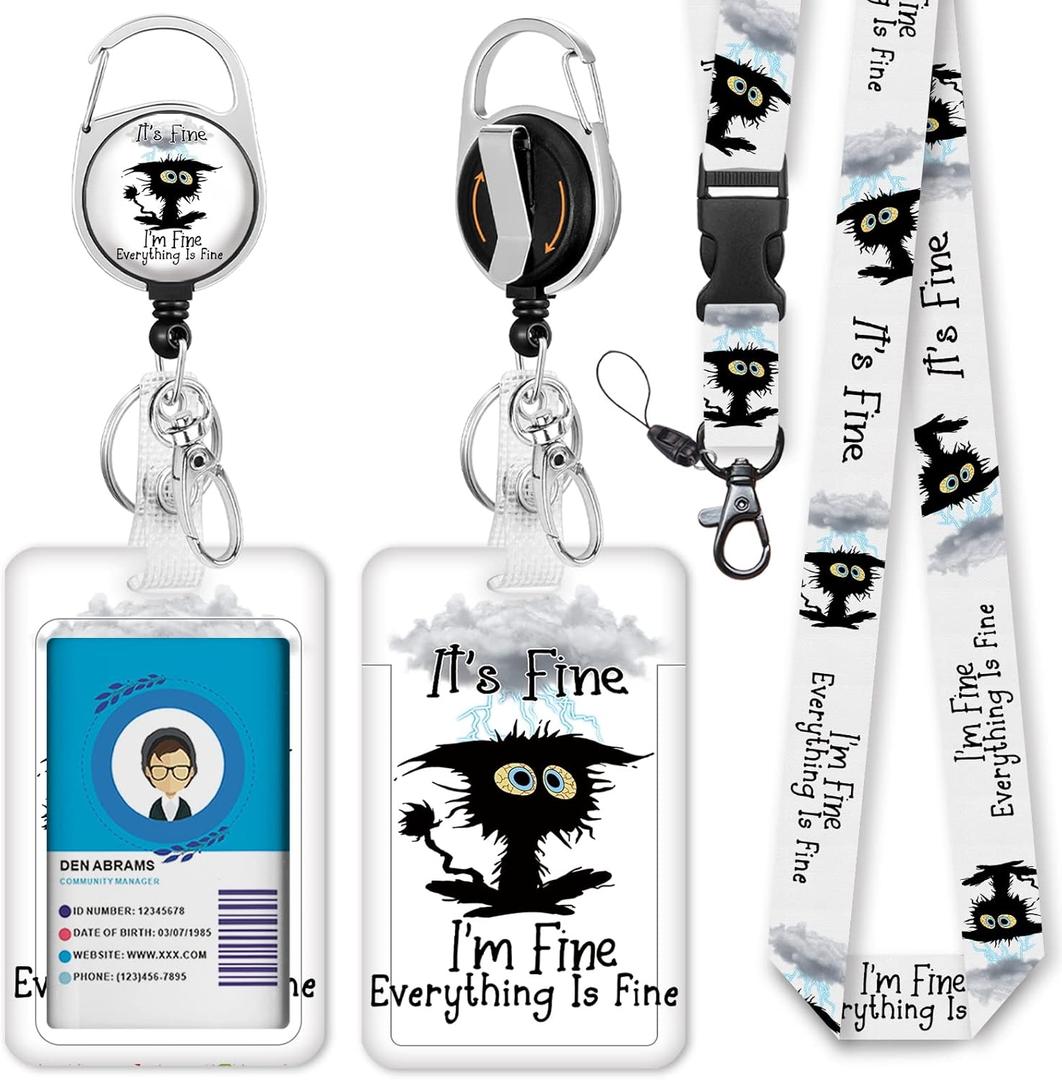 Id Badge Holder with Breakaway Lanyard, Black Cat Badge Reel Retractable Heavy Duty and Detachable Name Tag Clips, I'm Fine Everything is Fine Lanyards for Id Badges, Nurse Teacher Office Gifts