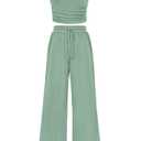 PRETTYGARDEN Womens Summer Outfits 2 Piece Sets Casual Ribbed Knit Crop Tube Top Wide Leg Pants Spring Matching Lounge Set(Fruit Green,Medium)