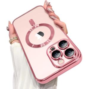 OOK Magnetic Case Made for iPhone 16 Pro (6.3 Inch) [Built-in Camera Lens Protector] [Compatible with MagSafe] Soft TPU Anti-Scratch Shockproof Protective Slim Clear Case for Women Men - Pink