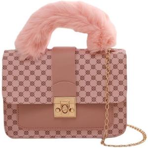 Plush Square Tote - Fashionable Printed Design, Chain Strap, Handheld & Crossbody Bag