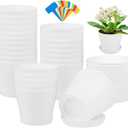 Aodaer 24 Pack 4 Inch Plastic Planters with Multiple Drainage Holes and Tray Indoor Outdoor Flower Plant Nursery Pots with Labels Flower Seedling Pots for Herb Garden Home Succulents, White