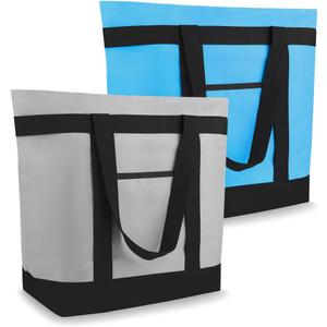 CIVJET 2PK Insulated Grocery Tote Bags, Large Reusable Cooler Bags with Zipper, Leakproof Thermal Shopping Bags for Food Delivery, Beach, Travel & Picnic, Collapsible, Grey & Blue (One Size)