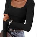 ZESICA Women's Long Sleeve Shirts 2026 Spring Fashion Square Neck Slim Fit Basic Going Out Tops Trendy Outfits L