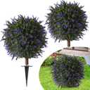 2 Pack 23.6" Artificial Flowering Topiary Tree, Realistic Fake Plants with Ground Spike, UV Resistant for Outdoor, Indoor, Porch, Garden, Patio Decor (Purple)