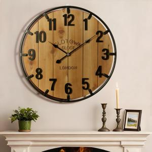 Vantic Farmhouse 30 Inch Extra Large Decorative Wall Clock with Metal Circlee, Oversized Wood Wall Clock with Large Arabic Numeral for Living Room, Bedrooms and Offices, Silent and Battery Operated (Brown)