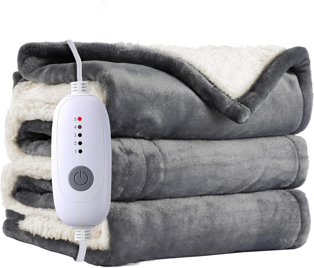 Electric Blanket Full Size 72"x84",Ultra-Soft Flannel Sherpa with 5 Heat Settings & a 10-Hour Adjustable Timer, Grey