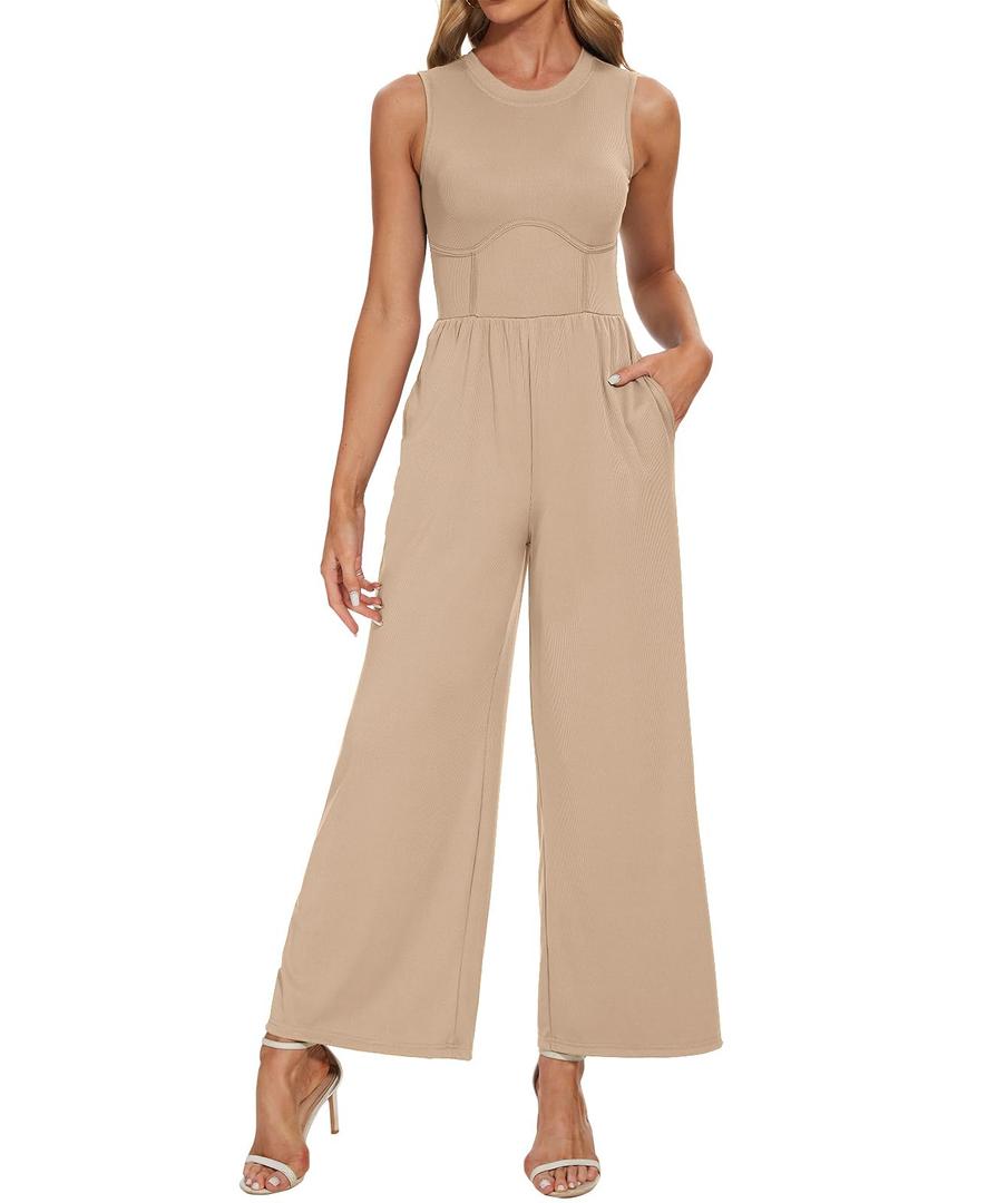 YETANLID Wmens Summer Jumpsuits Dressy Business Casual Clothing Sleeveless Mock Neck Wide Leg Pants Rompers with Pockets Khaki L (Beige, L)