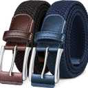 BULLIANT Belt for Men 2Pack,Mens Gift Stretch Braided Web Belt Elastic for Casual Golf Jeans,1 3/8"