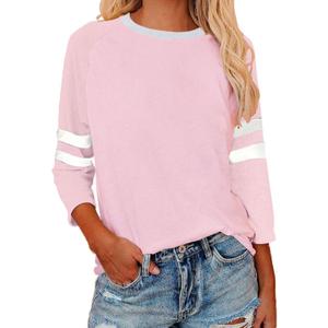 Womens 3/4 Sleeve Fashion Crewneck Tops Patchwork Blouse Casual Loose Comfy Shirt (X-Large, 1 Baby Pink)