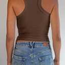 Women's Sleeveless Scoop Neck Knit Ribbed Seamless T-Shape Tank Top Fitted Casual Racerback Blouses (Brown, S)