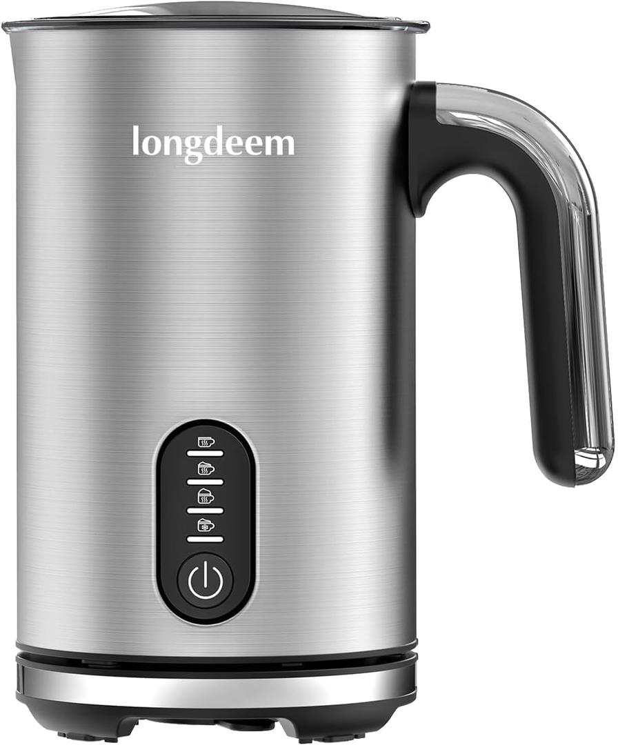 LONGDEEM Milk Frother, 4 in 1 Electric Milk Foamer with Cold & Hot Froth for Latte Cappuccino Automatic Coffee Foam Maker, Stainless Steel, 10 oz/5 oz, Non Stick Coating with Auto Shutoff, Silver (Compact)